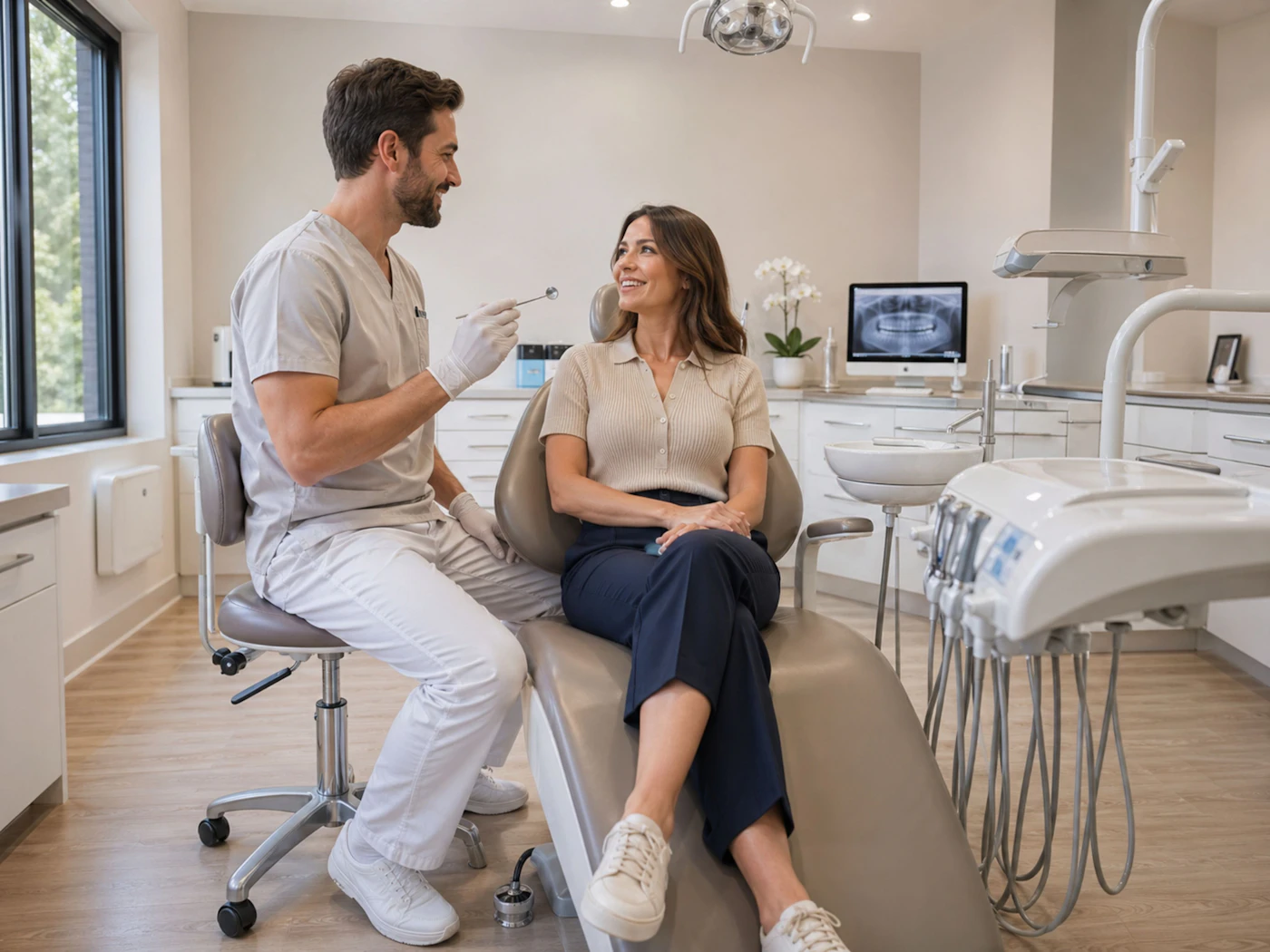 Dentist talking with a patient in a modern surgery, supported by Phinch accountants for dentists